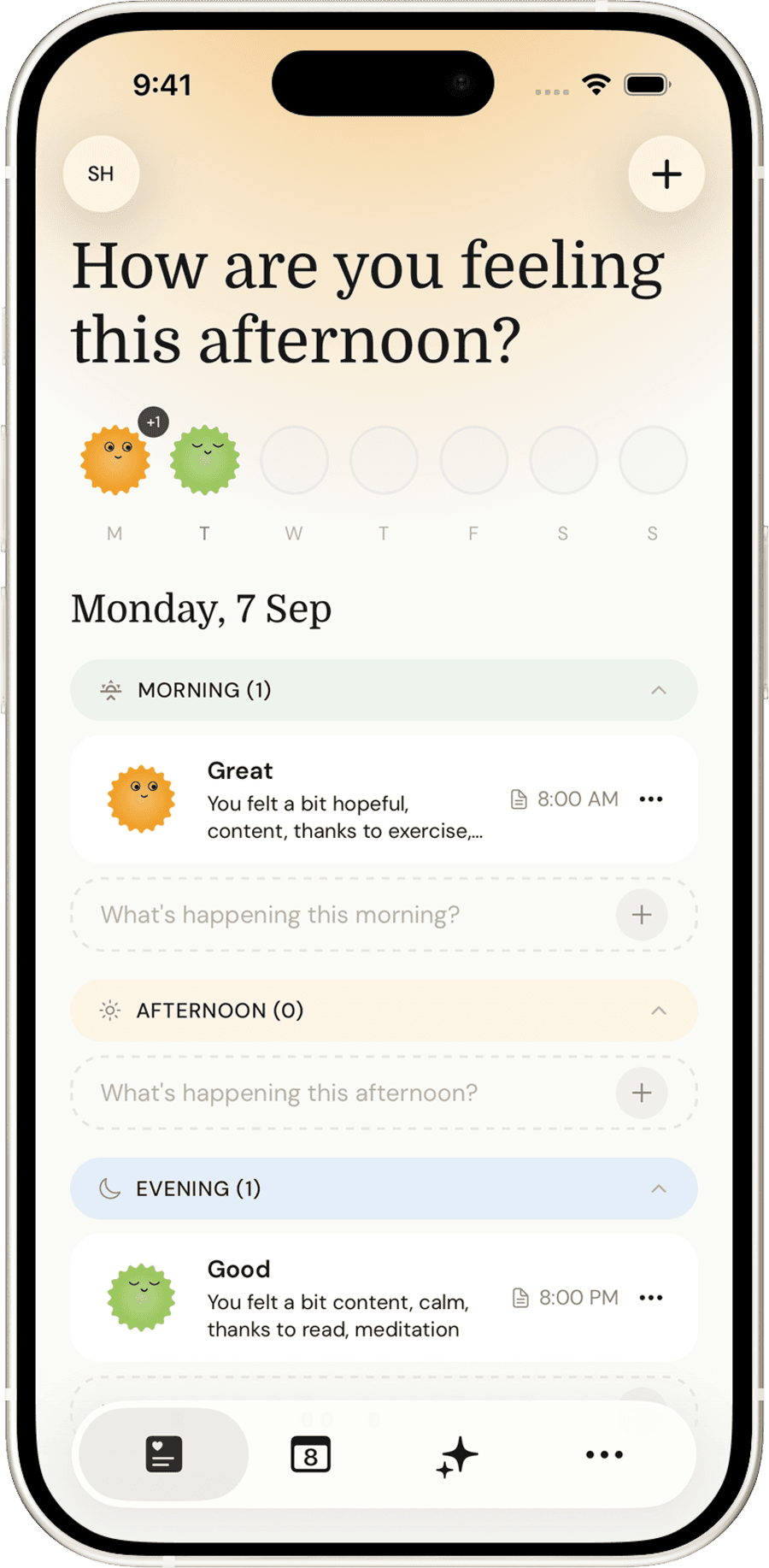 Luma's daily mood journal on an iPhone, showing morning and evening entries
