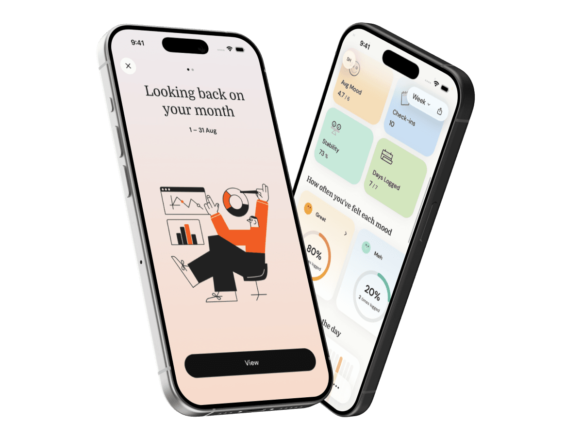 Two Luma screens: an AI-written monthly summary, and a weekly dashboard with mood breakdowns
