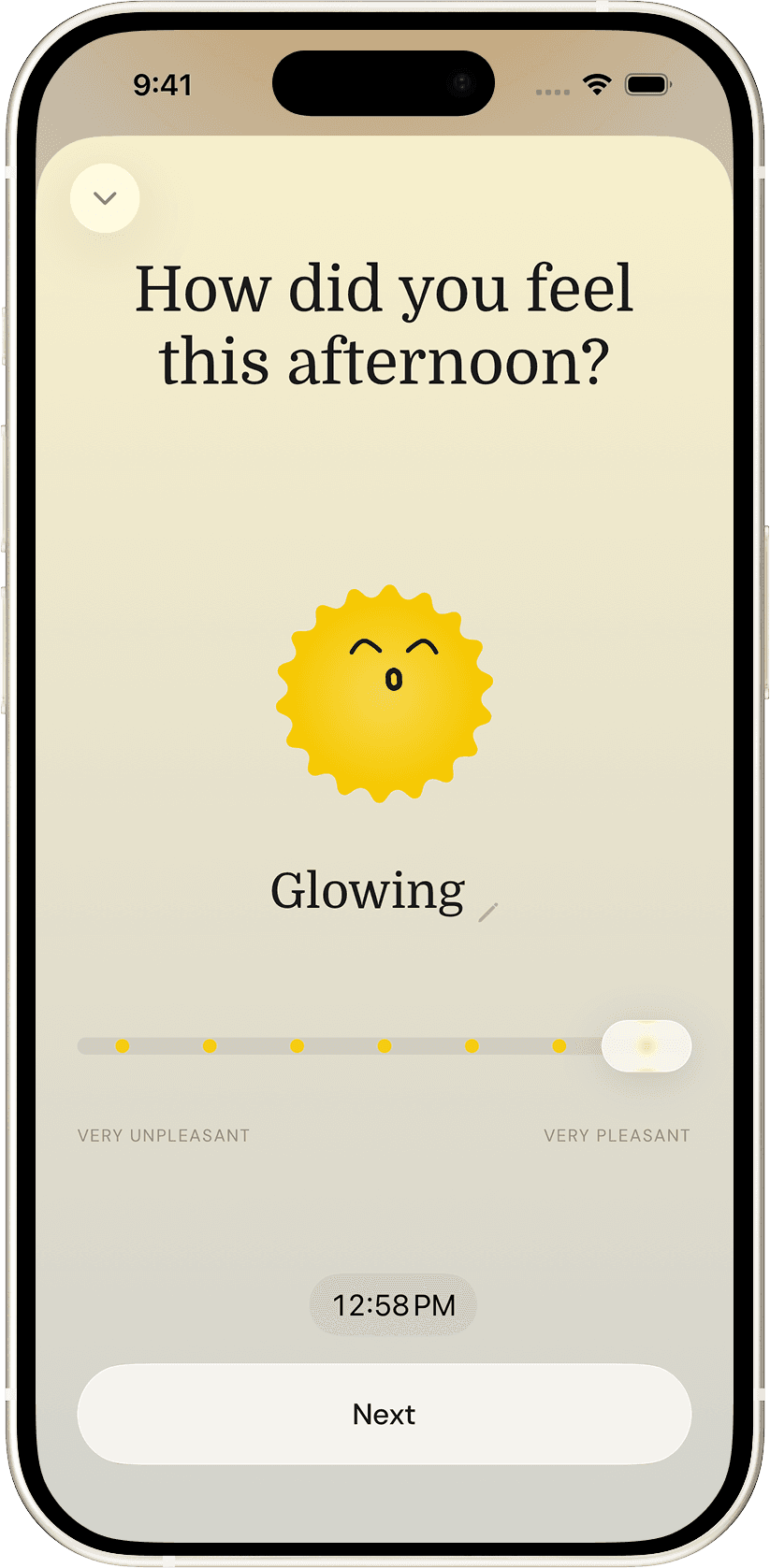 Luma's mood check-in screen, showing the "Glowing" mood