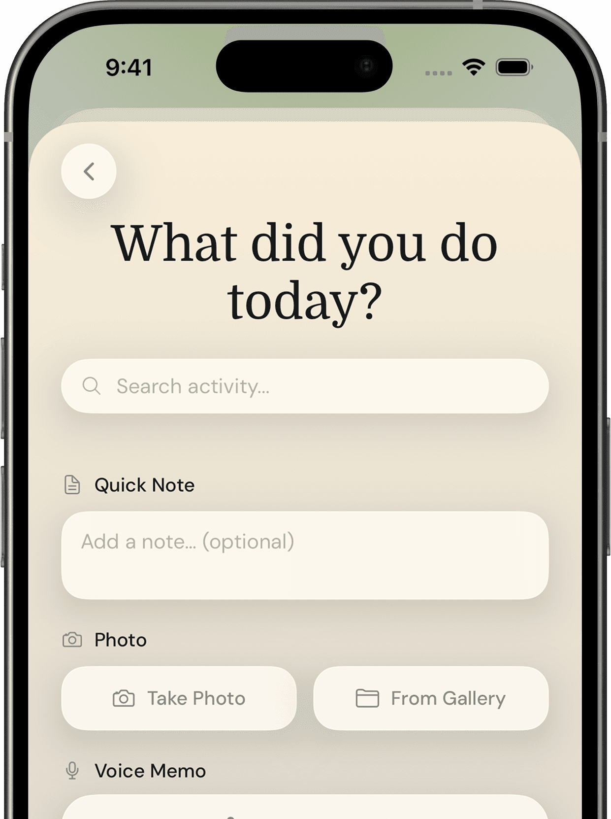 Luma's entry detail screen with an activity search, a quick note, photo, and voice memo