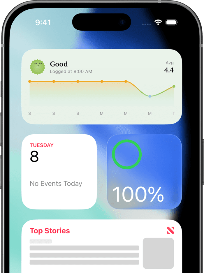 Luma's mood widget on an iPhone Home Screen, next to the day's calendar and other widgets